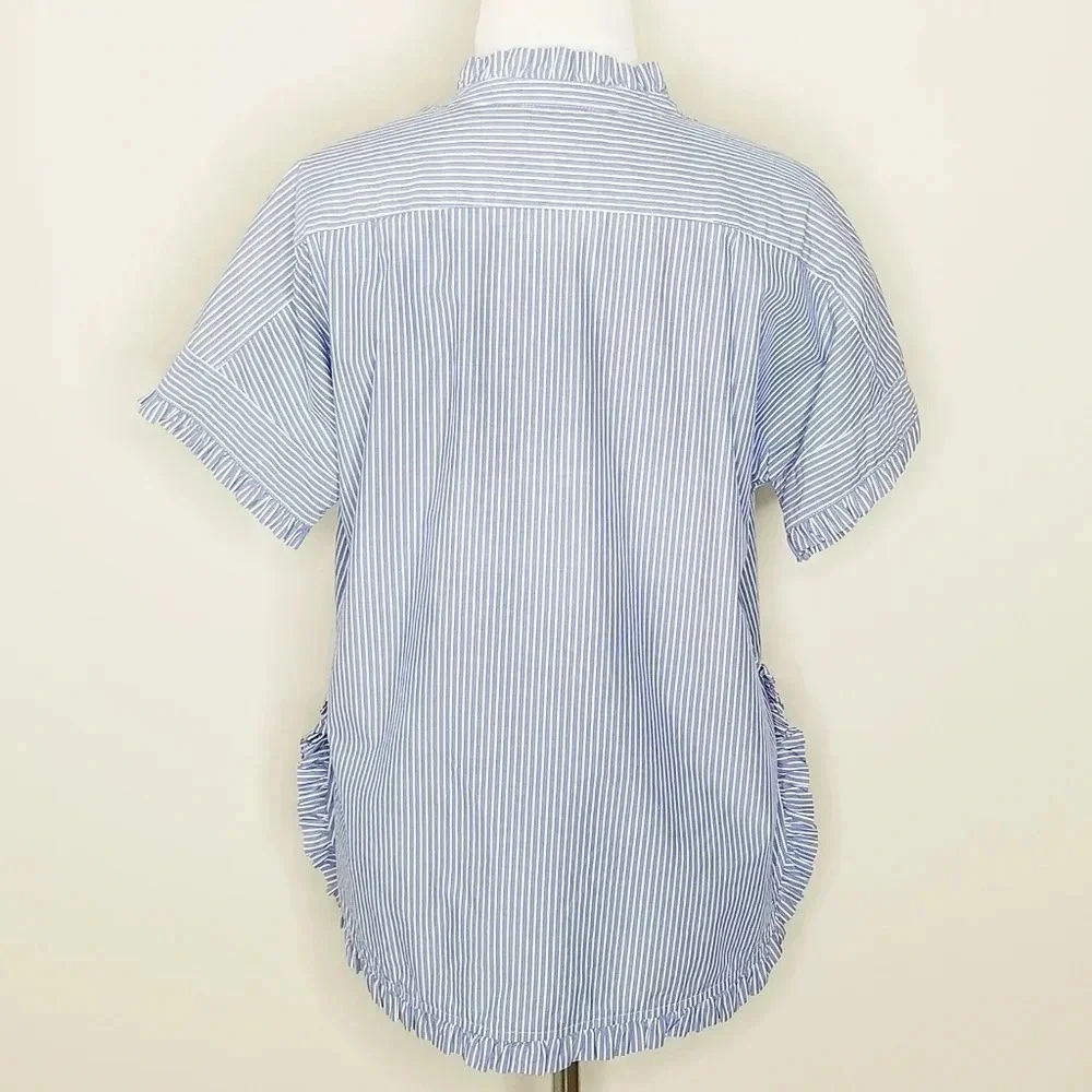 J. Crew Blue & White Pinstripe Ruffle Blouse 0